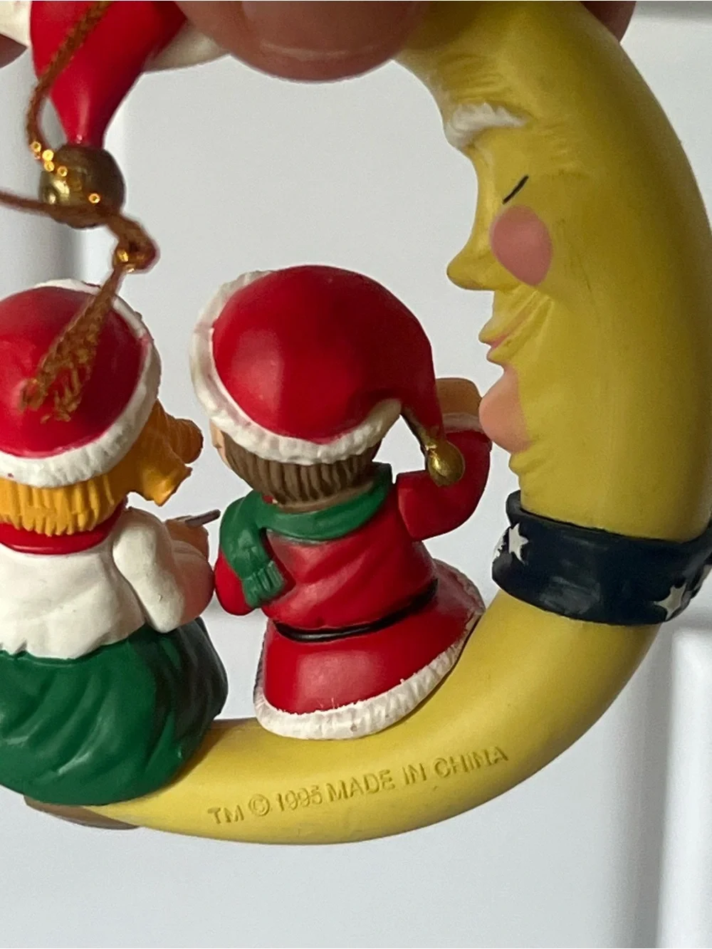 Vintage Campbell's Yellow Moon with Red, Green and White Elves Ornament